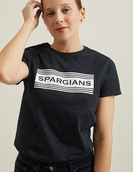Camiseta manga corta azul marino con logo rayas